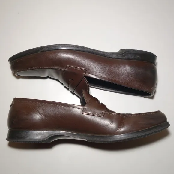 Prada Brown Leather Penny Loafers Made In Italy w/ Rubber Soles, Size 9.5