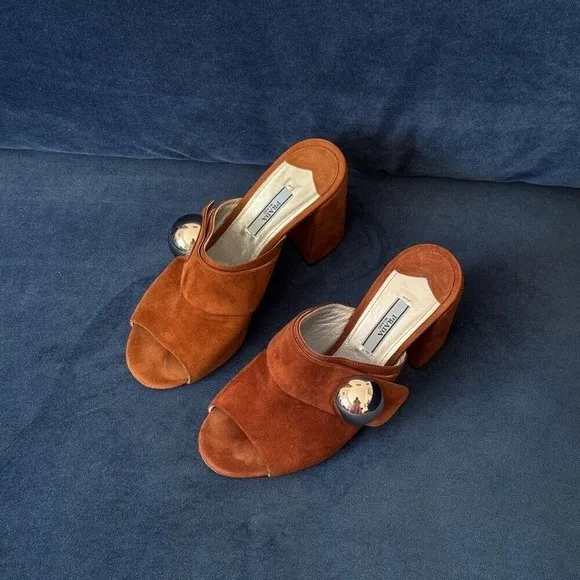 Prada Brown Suede Block Heel Slide‎ Sandals Size 38