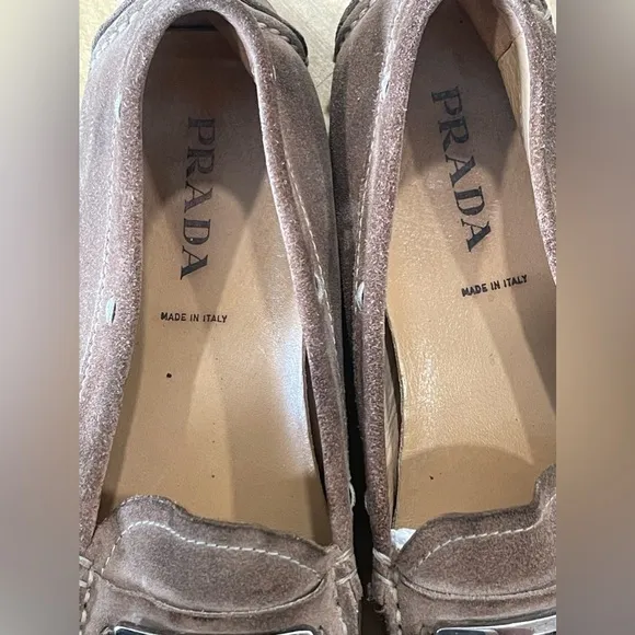 prada brown suede penny loafers driving