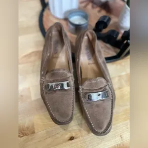 prada brown suede penny loafers driving