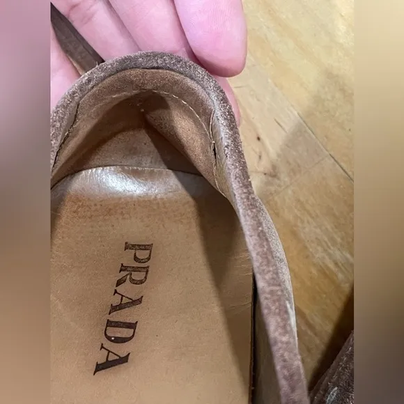 prada brown suede penny loafers driving