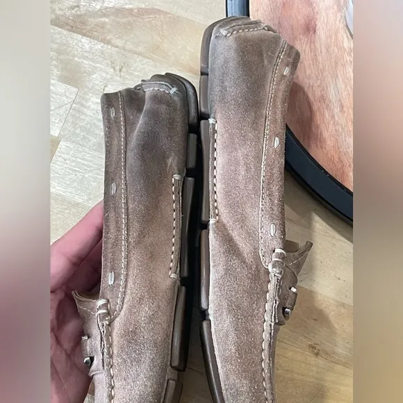 prada brown suede penny loafers driving