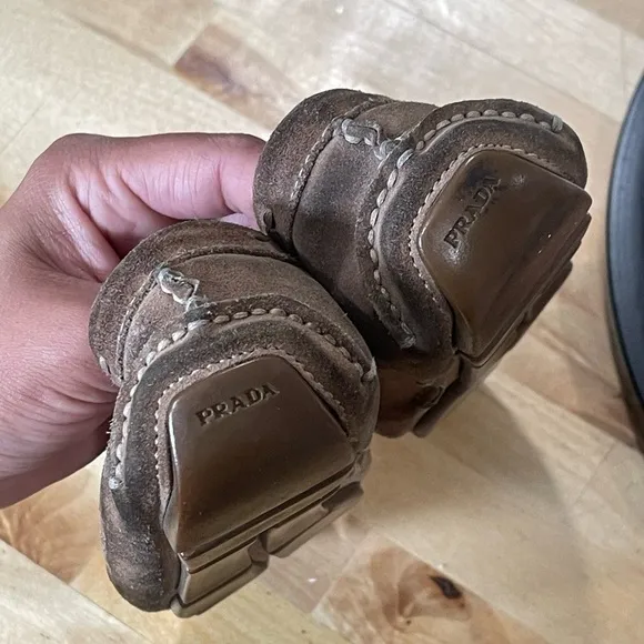 prada brown suede penny loafers driving