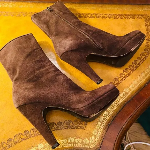 Prada Chocolate Brown Suede Platform Heeled Mid Calf Boots