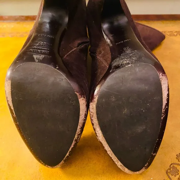 Prada Chocolate Brown Suede Platform Heeled Mid Calf Boots