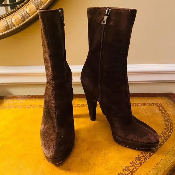 Prada Chocolate Brown Suede Platform Heeled Mid Calf Boots
