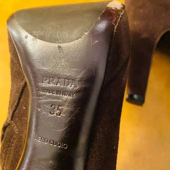 Prada Chocolate Brown Suede Platform Heeled Mid Calf Boots