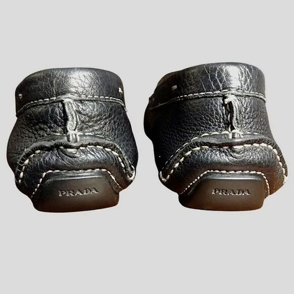 Prada Driving Loafers in Black with Silver Detail, Size EU 40.5 US 10