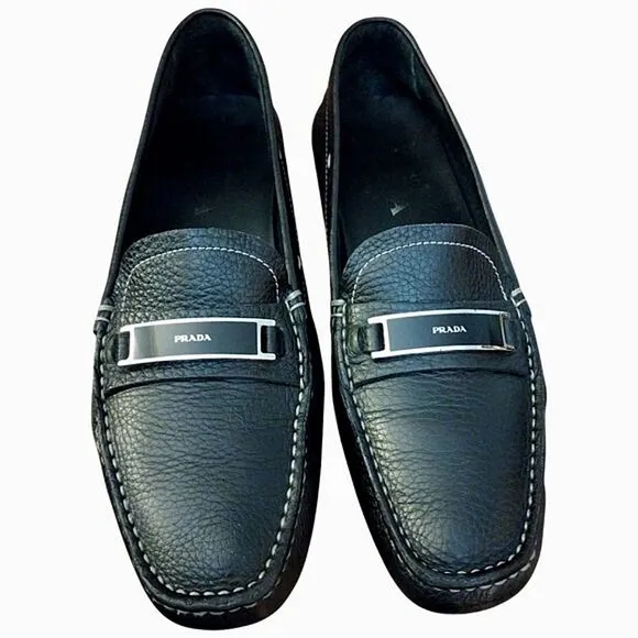 Prada Driving Loafers in Black with Silver Detail, Size EU 40.5 US 10