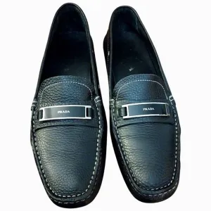 Prada Driving Loafers in Black with Silver Detail, Size EU 40.5 US 10