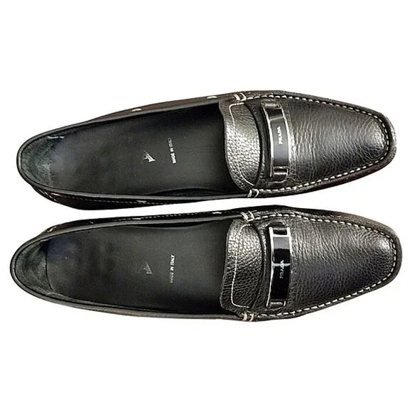 Prada Driving Loafers in Black with Silver Detail, Size EU 40.5 US 10