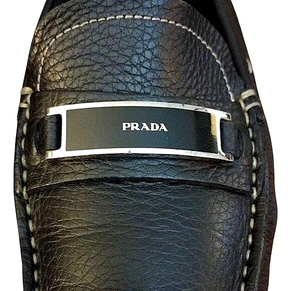 Prada Driving Loafers in Black with Silver Detail, Size EU 40.5 US 10