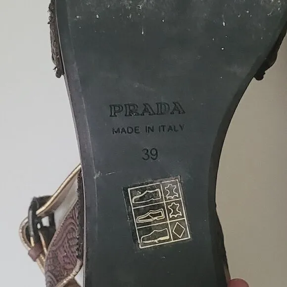 Prada Gold &amp; Brown Wedge Sandals Size 39