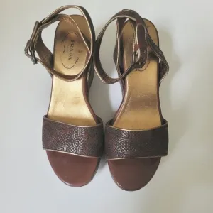 Prada Gold &amp; Brown Wedge Sandals Size 39