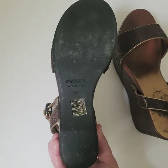 Prada Gold &amp; Brown Wedge Sandals Size 39