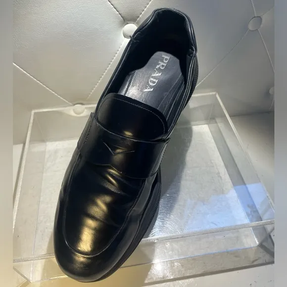 PRADA men’s spazzolato rois leather penny loafers in black sz 10.5