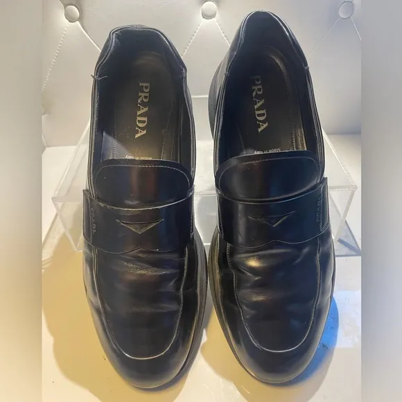 PRADA men’s spazzolato rois leather penny loafers in black sz 10.5