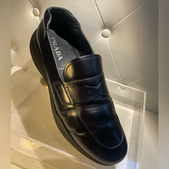 PRADA men’s spazzolato rois leather penny loafers in black sz 10.5