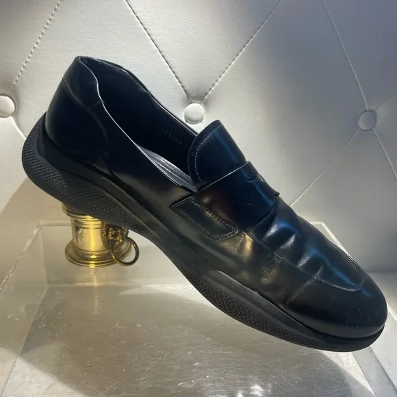 PRADA men’s spazzolato rois leather penny loafers in black sz 10.5