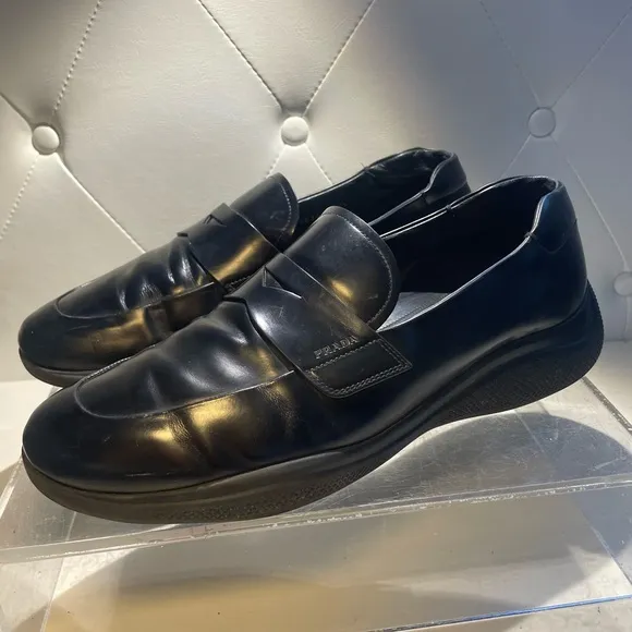 PRADA men’s spazzolato rois leather penny loafers in black sz 10.5