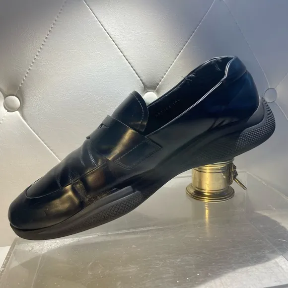PRADA men’s spazzolato rois leather penny loafers in black sz 10.5