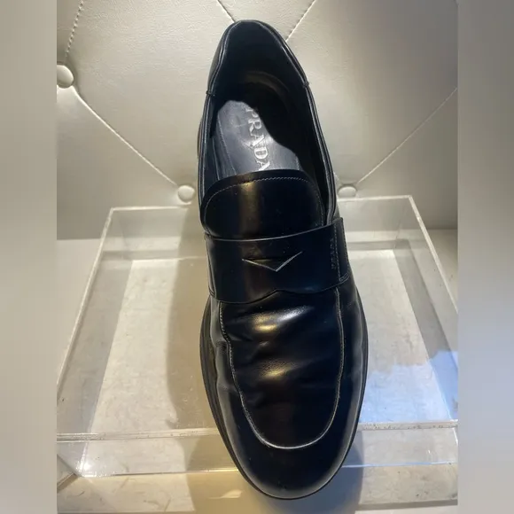 PRADA men’s spazzolato rois leather penny loafers in black sz 10.5