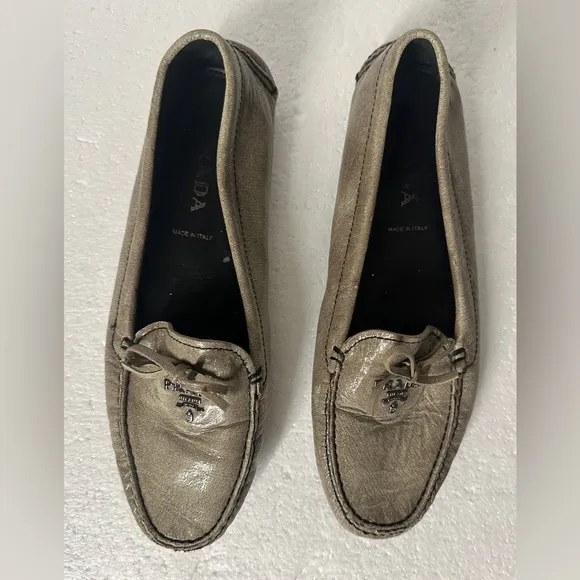 Prada Metallic Bow Driving Loafers Flats Size: 37 EUR
