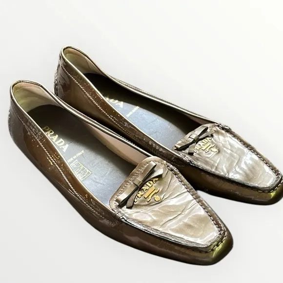 Prada Metallic bronze Patent Leather Driving Loafers