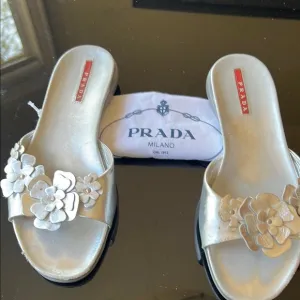 Prada Silver Floral Embellished slide Sandals vintage Y2K