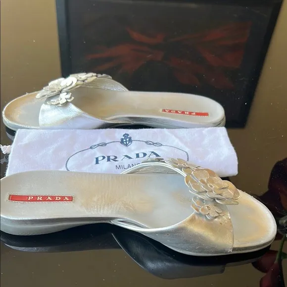 Prada Silver Floral Embellished slide Sandals vintage Y2K