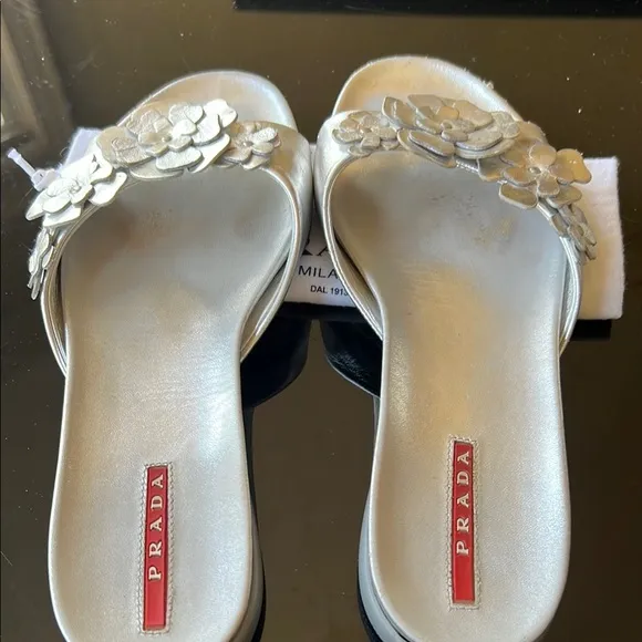 Prada Silver Floral Embellished slide Sandals vintage Y2K