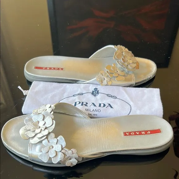 Prada Silver Floral Embellished slide Sandals vintage Y2K