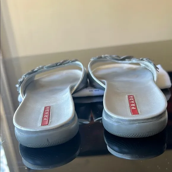 Prada Silver Floral Embellished slide Sandals vintage Y2K