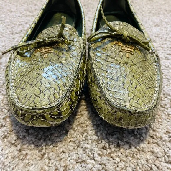 PRADA Snakeskin Green Driving Loafers | Leather Tie Designer Logo Flats