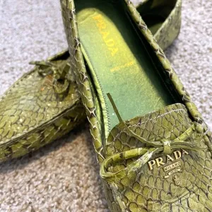 PRADA Snakeskin Green Driving Loafers | Leather Tie Designer Logo Flats