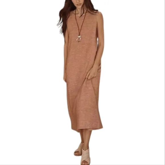PURE JILL Linen A-Line Maxi Dress Lagenlook Boho Minimal Natural Fiber M 6 8