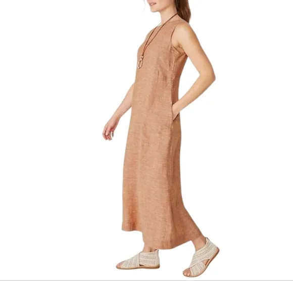 PURE JILL Linen A-Line Maxi Dress Lagenlook Boho Minimal Natural Fiber M 6 8