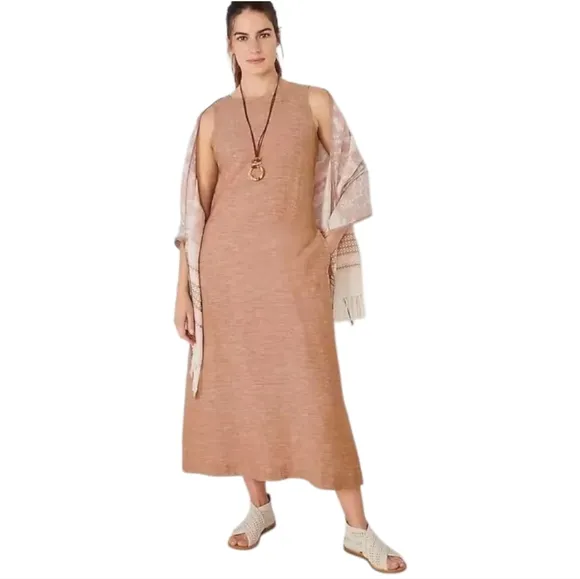 PURE JILL Linen A-Line Maxi Dress Lagenlook Boho Minimal Natural Fiber M 6 8