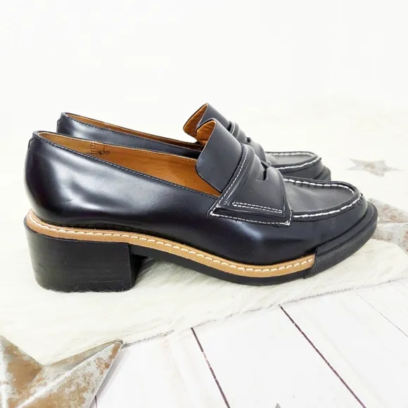 Rag &amp; Bone Antor Penny Loafers Chunky Heeled Black Brown Leather Size 39.5