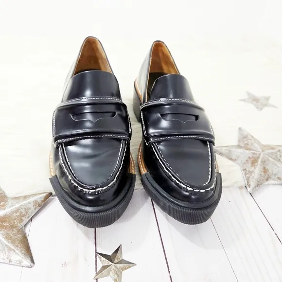 Rag &amp; Bone Antor Penny Loafers Chunky Heeled Black Brown Leather Size 39.5