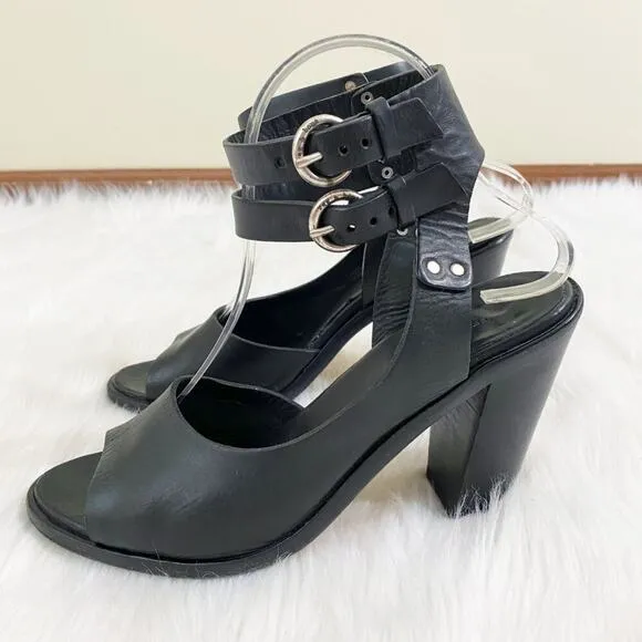 Rag &amp; Bone Black Leather Open Toe High Heel Sandals Made in Italy Women's EU 38
