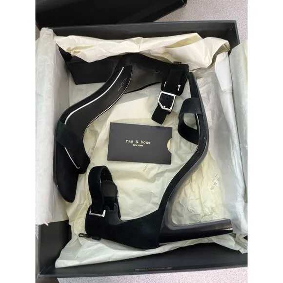 Rag &amp; Bone Ellis Black Suede Block Heel Ankle Strap Sandals SZ 37.5, US 7.5