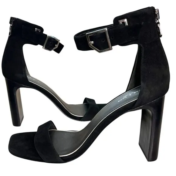 Rag &amp; Bone Ellis Black Suede Block Heel Ankle Strap Sandals SZ 37.5, US 7.5