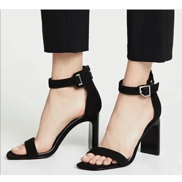 Rag &amp; Bone Ellis Black Suede Block Heel Ankle Strap Sandals SZ 37.5, US 7.5