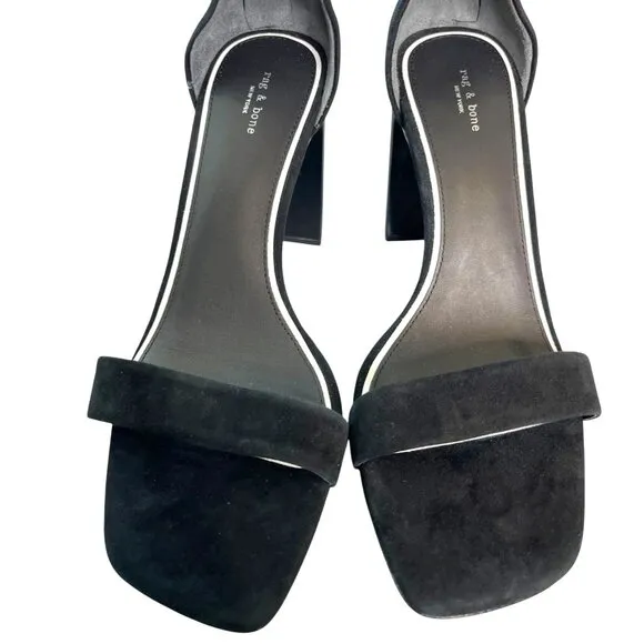 Rag &amp; Bone Ellis Black Suede Block Heel Ankle Strap Sandals SZ 37.5, US 7.5