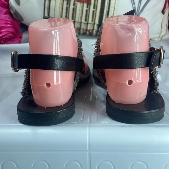 Rag &amp; Bone Quinn Sandals, Size 7,‎ Black Leather, Charcoal Denim, T-Strap
