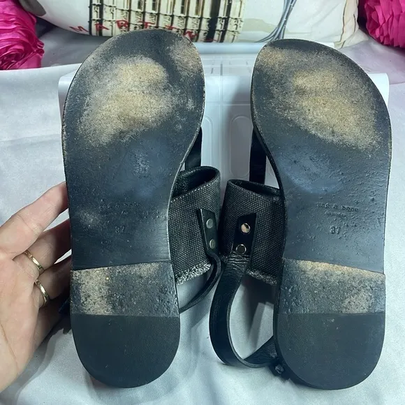 Rag &amp; Bone Quinn Sandals, Size 7,‎ Black Leather, Charcoal Denim, T-Strap