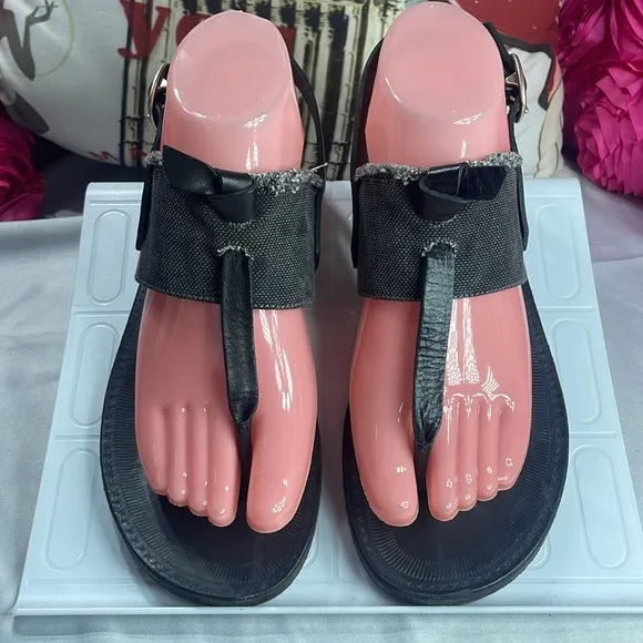 Rag &amp; Bone Quinn Sandals, Size 7,‎ Black Leather, Charcoal Denim, T-Strap