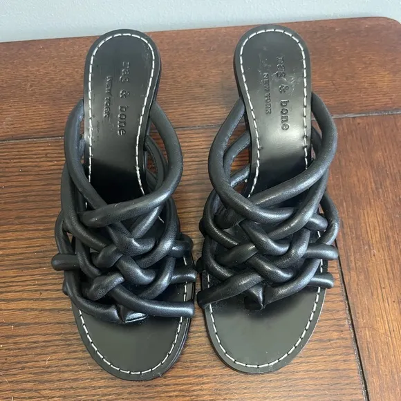 Rag &amp; Bone Sandals Infinity Black Leather Heels 36 US 5.5‎