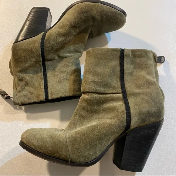 Rag &amp; Bone Size 36.5 (US 6.5) Green Suede Newbury Chunky Heel Ankle Boots Bootie